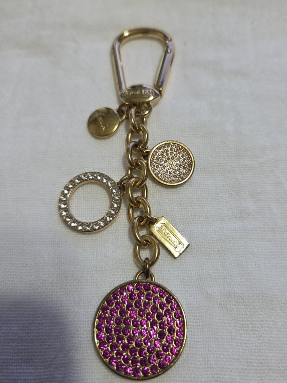 EUC - COACH Y2K CRYSTAL PAVE MULTI DISC KEY FOB KEYRING CHARM#92691 - GOLD/PINK